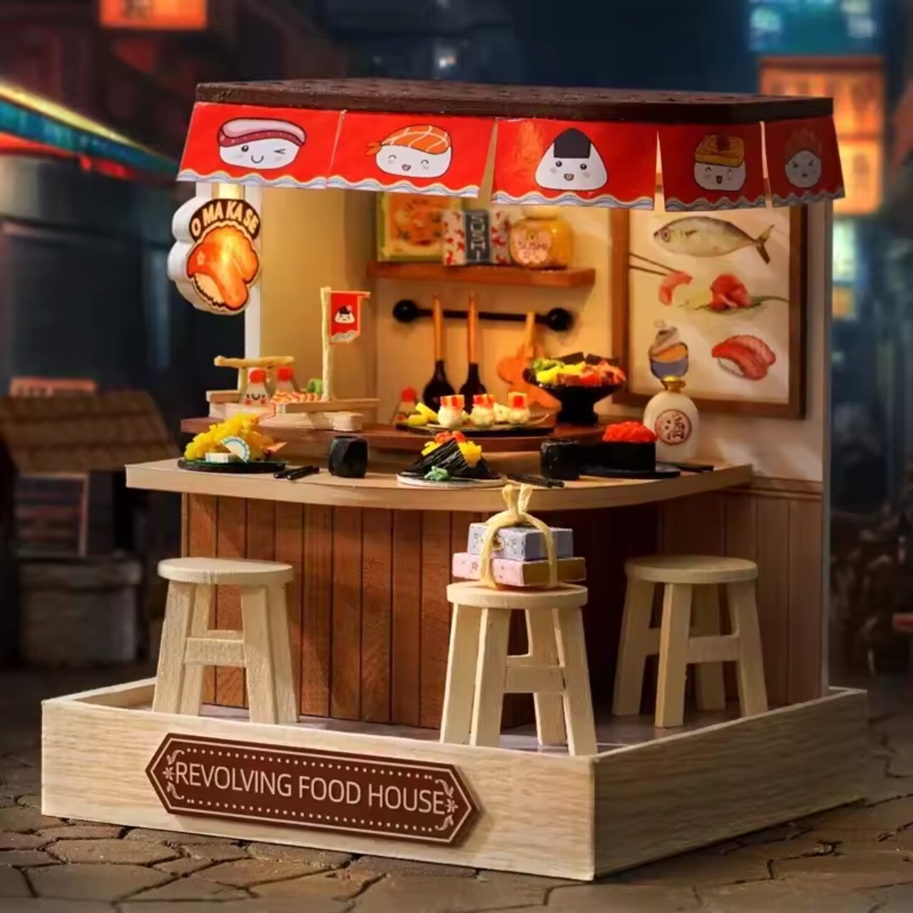 Revolving Food Dollhouse Kit - Miniature Wizardi Roombox Kit with LED Light F07M51-66-QT-088